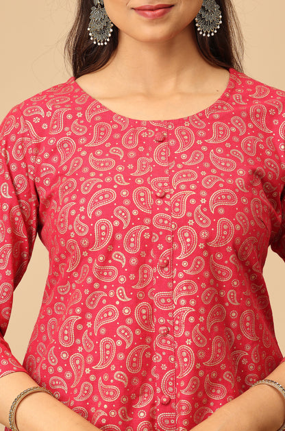 Bright Pink All Over Gold Print A Line Kurti
