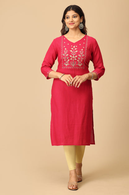Bright Pink Blue Matty Embroidery Kurti