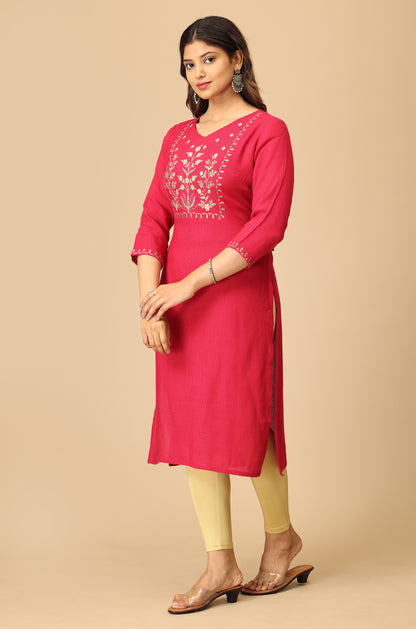 Bright Pink Blue Matty Embroidery Kurti