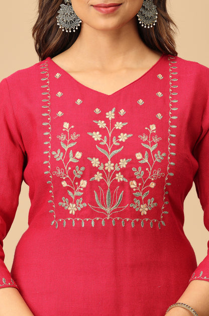 Bright Pink Blue Matty Embroidery Kurti