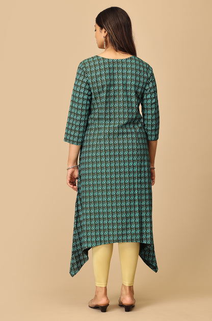 Printed Bottle Green Rayon Slub Kurti