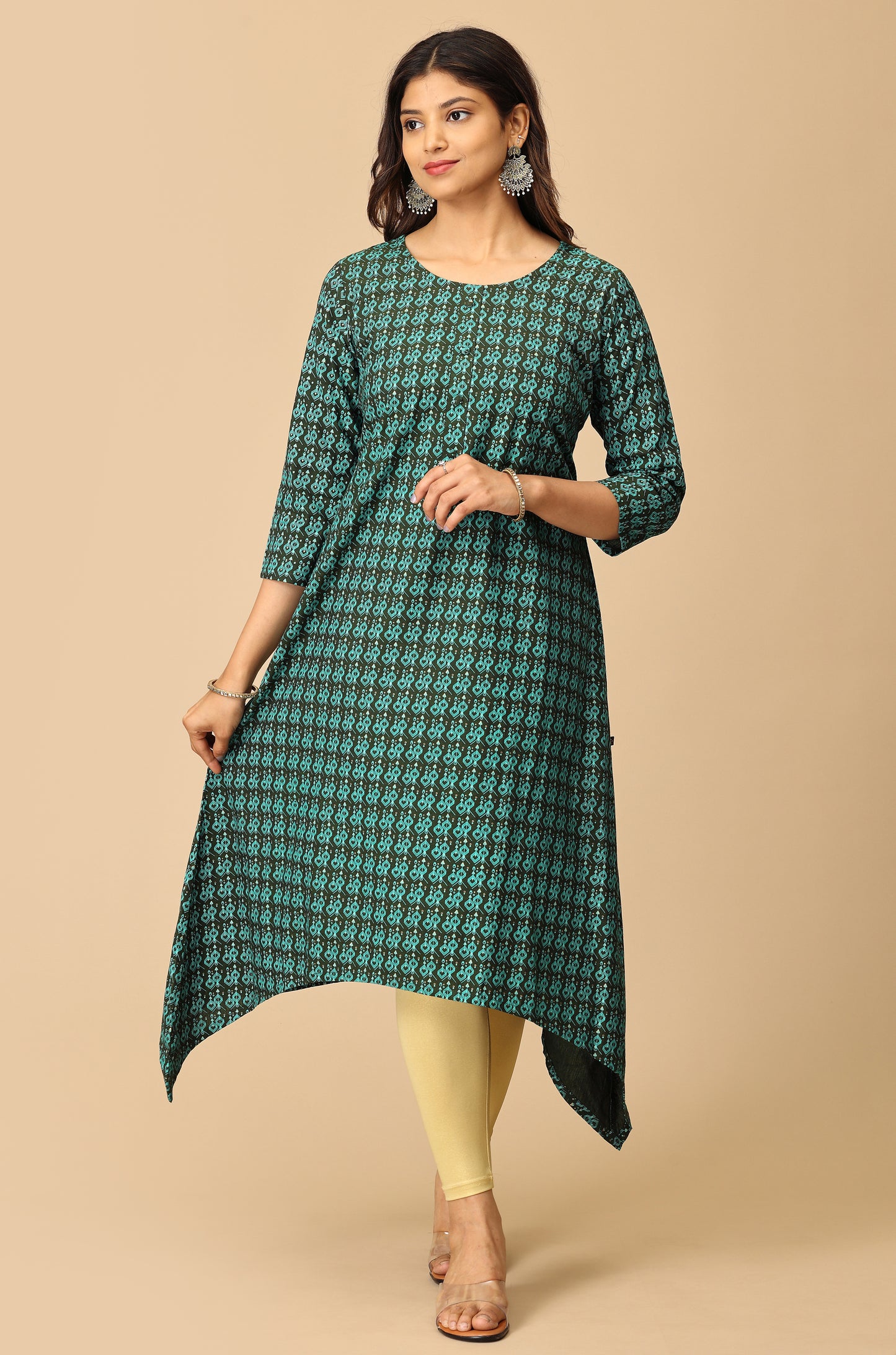 Printed Bottle Green Rayon Slub Kurti