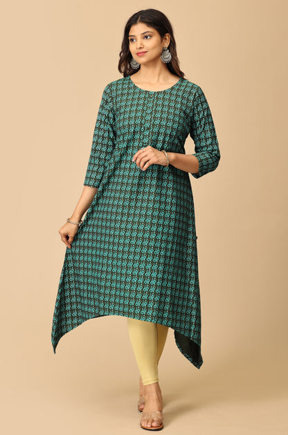 Printed Bottle Green Rayon Slub Kurti