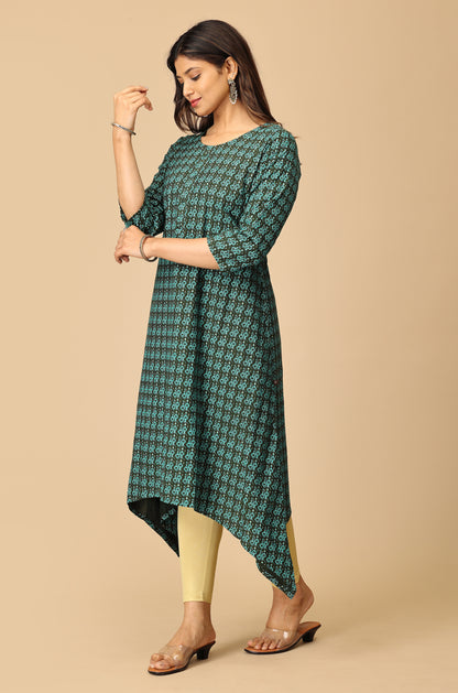 Printed Bottle Green Rayon Slub Kurti