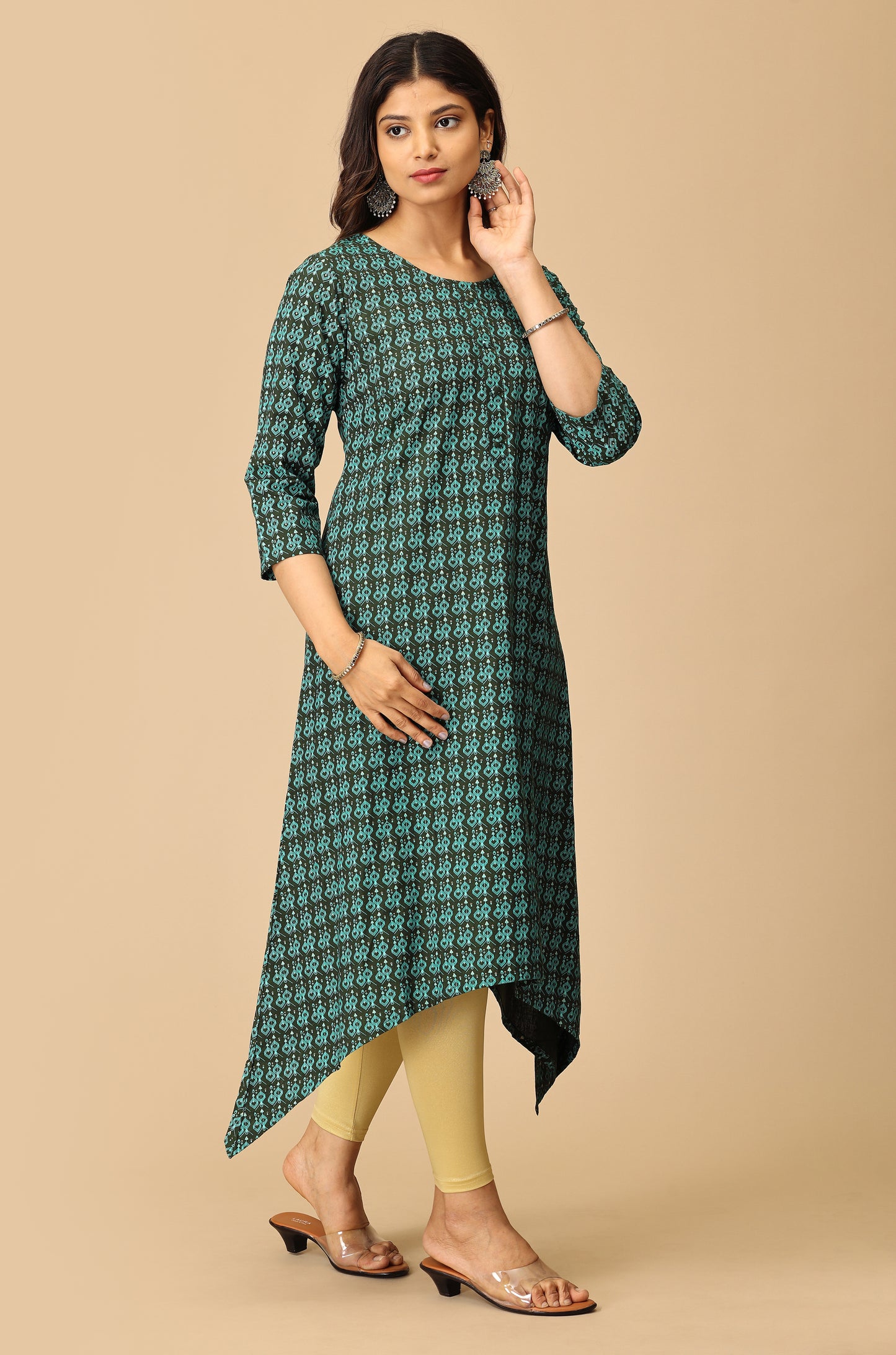 Printed Bottle Green Rayon Slub Kurti