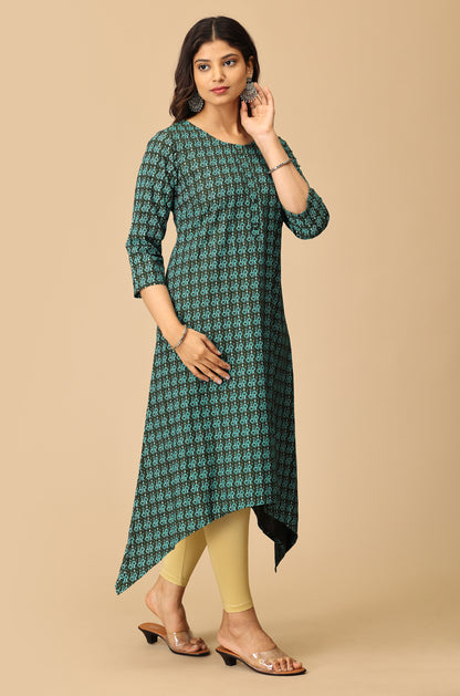 Printed Bottle Green Rayon Slub Kurti