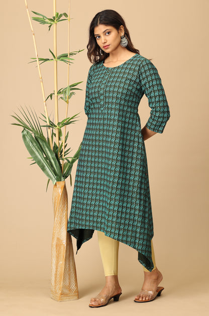 Printed Bottle Green Rayon Slub Kurti