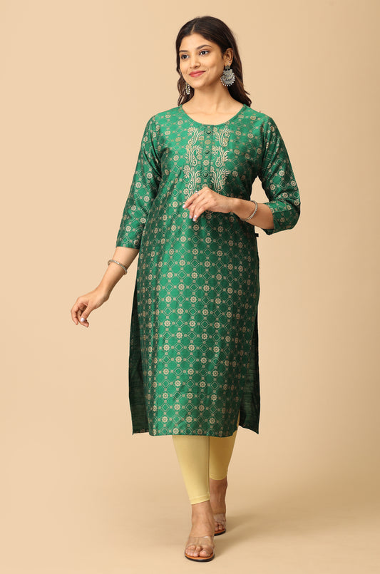 Green Gold Print with Zari Embroidery Kurti