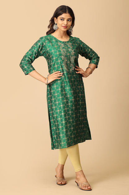 Green Gold Print with Zari Embroidery Kurti