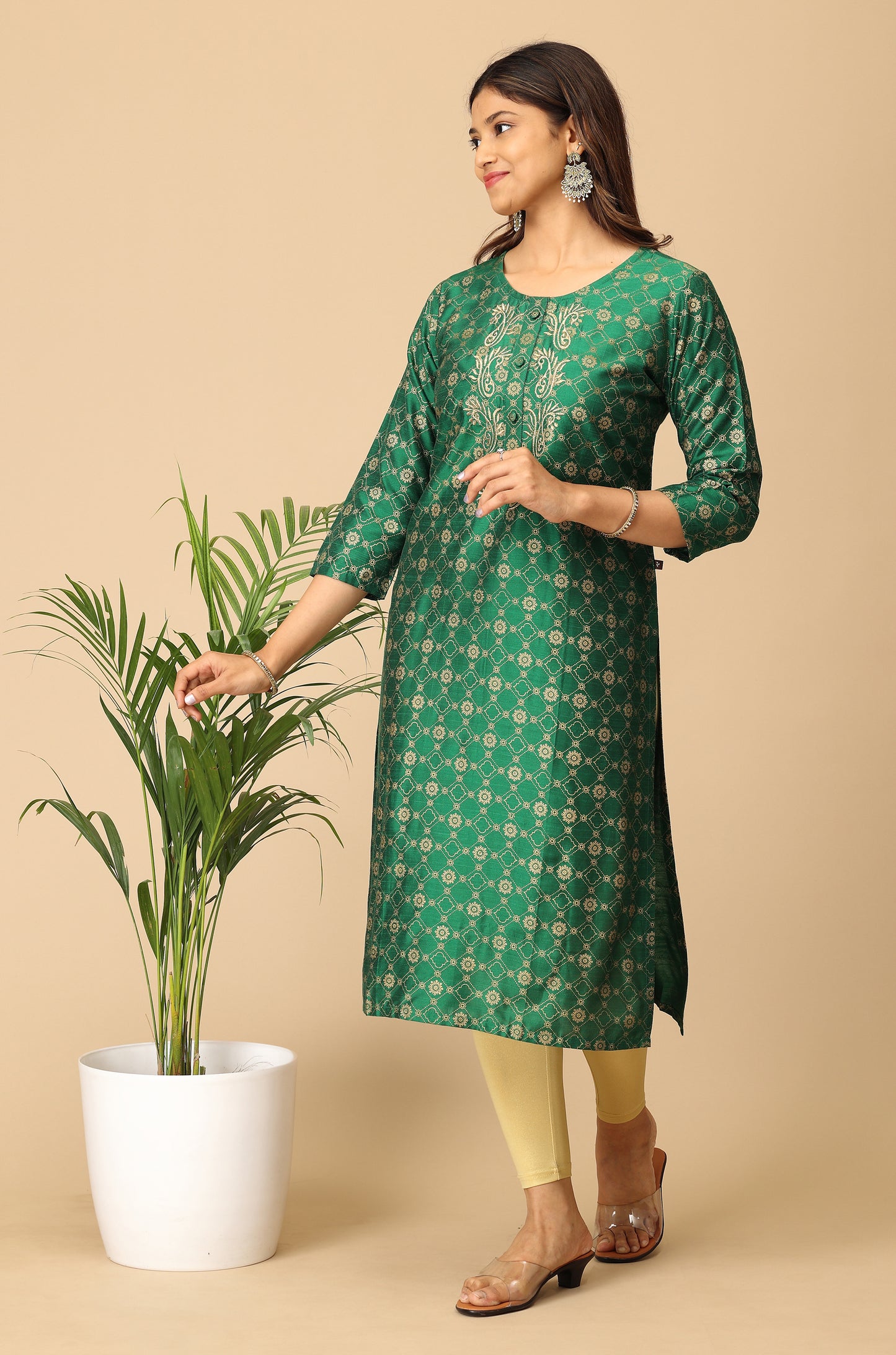Green Gold Print with Zari Embroidery Kurti