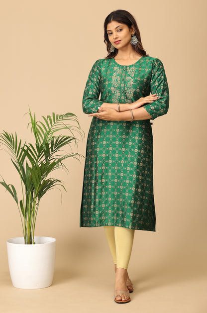 Green Gold Print with Zari Embroidery Kurti