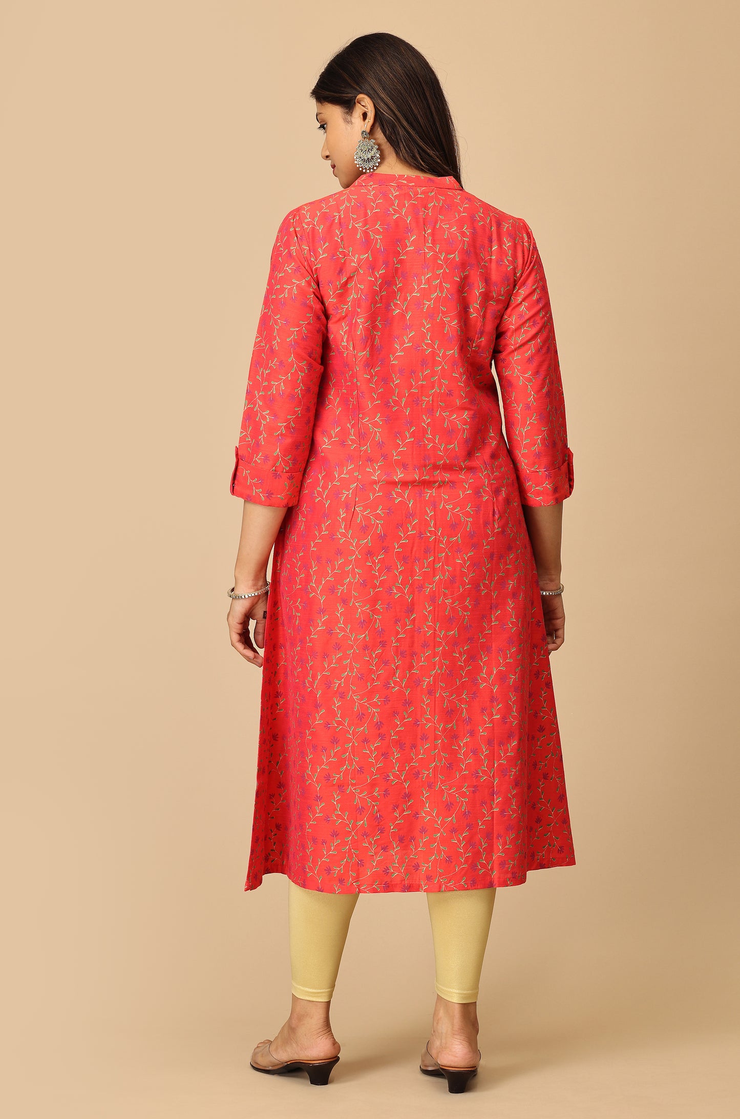 Red Printed Slub Silk Kurti