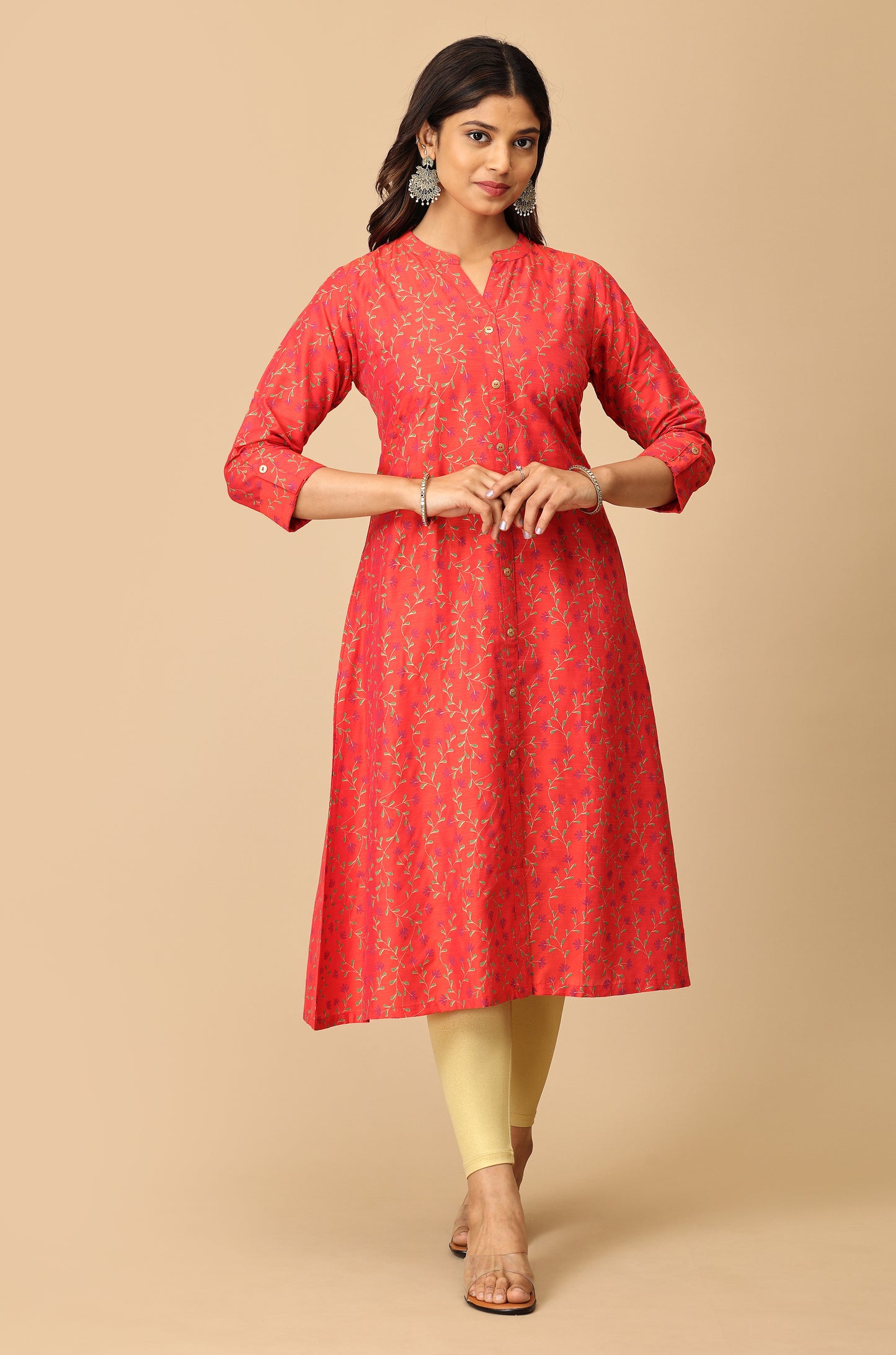 Red Printed Slub Silk Kurti