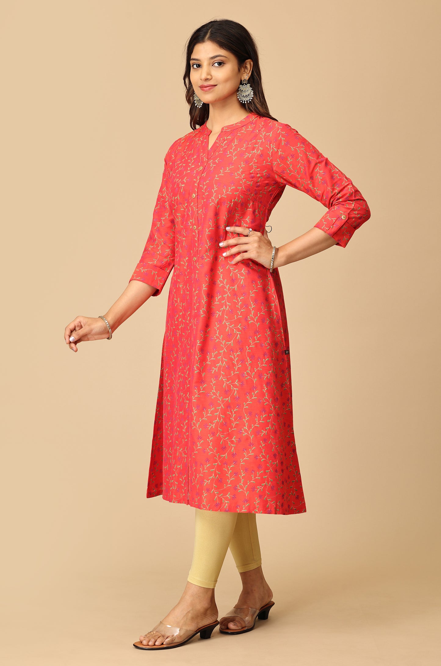 Red Printed Slub Silk Kurti