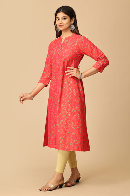 Red Printed Slub Silk Kurti