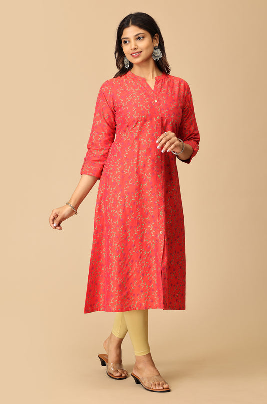 Red Printed Slub Silk Kurti