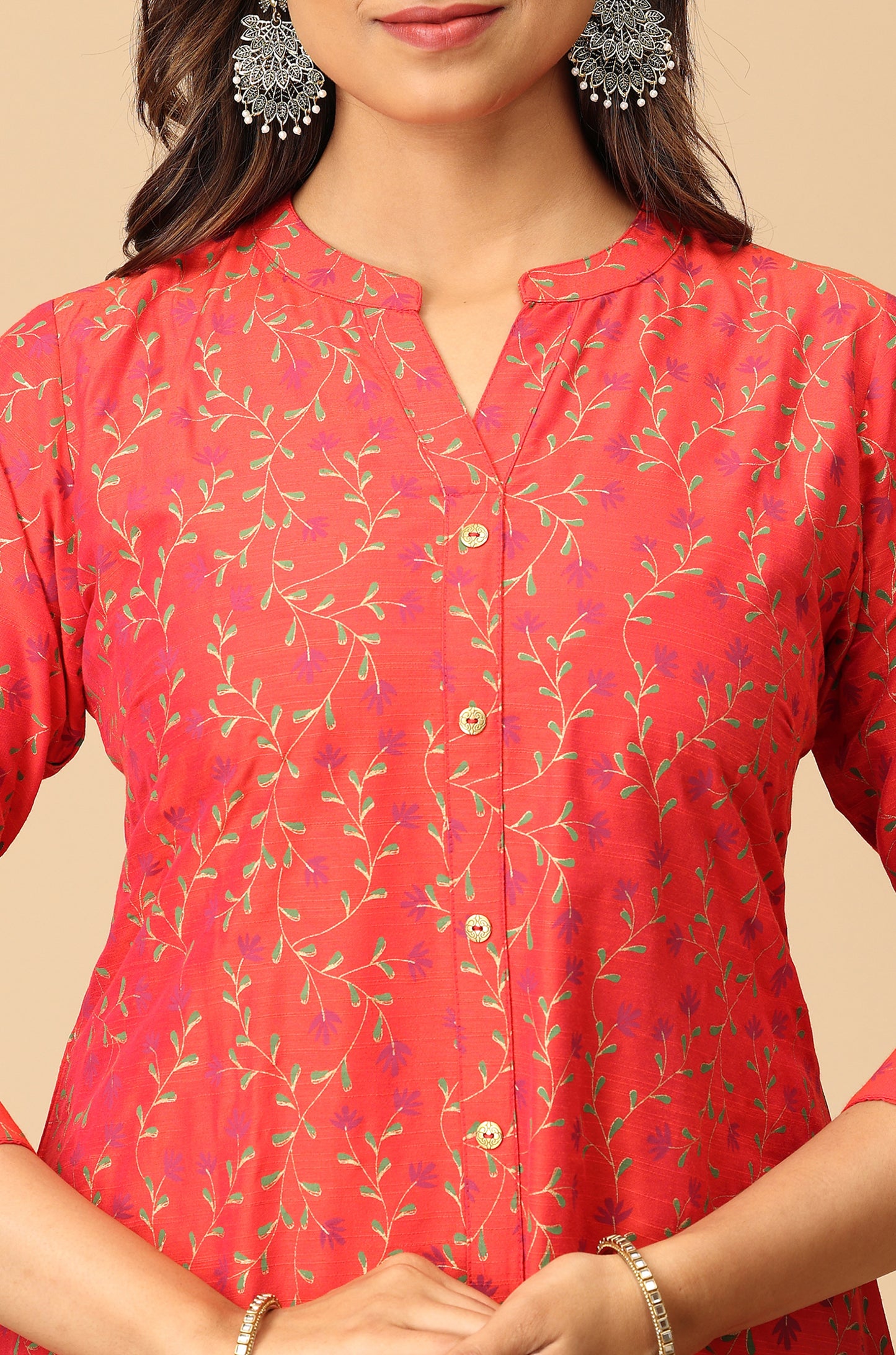 Red Printed Slub Silk Kurti