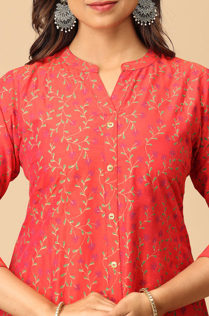 Red Printed Slub Silk Kurti