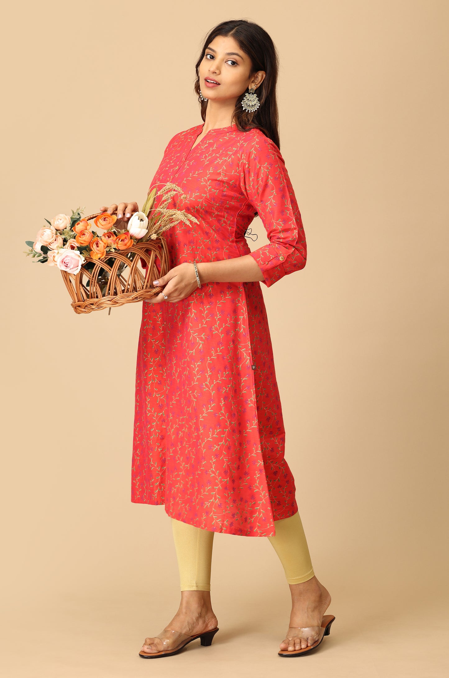 Red Printed Slub Silk Kurti