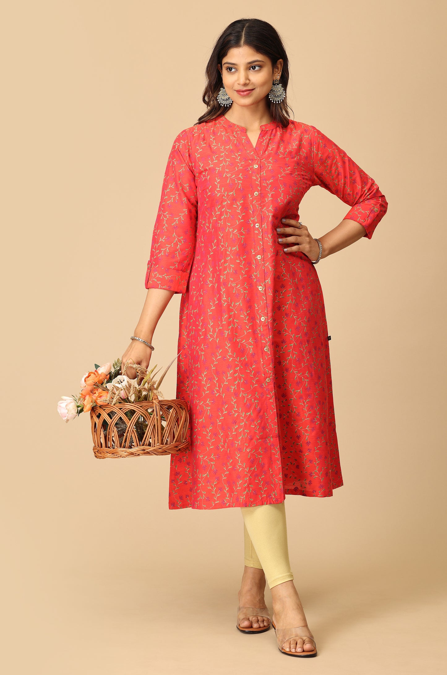 Red Printed Slub Silk Kurti