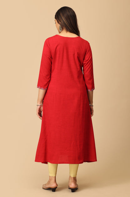 Maroon Rayon Slub Embroidery Kurti
