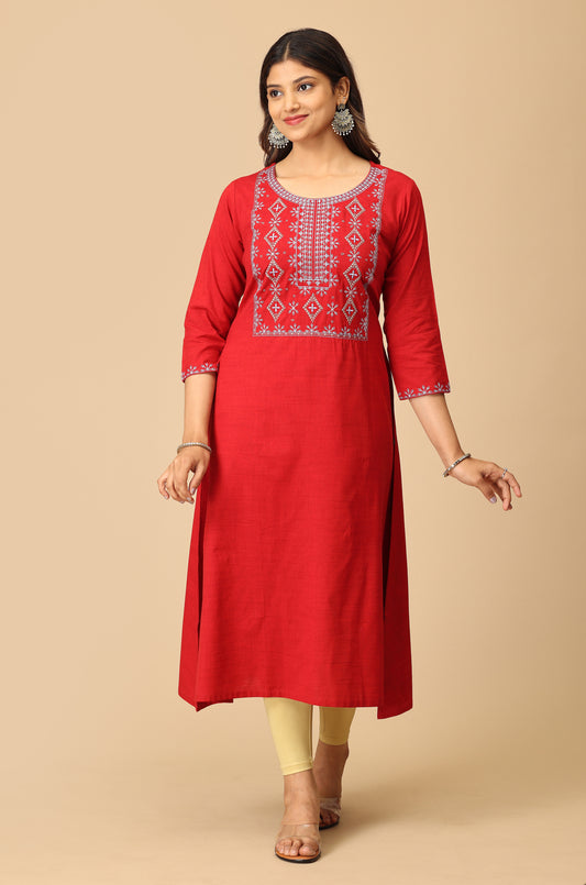 Maroon Rayon Slub Embroidery Kurti
