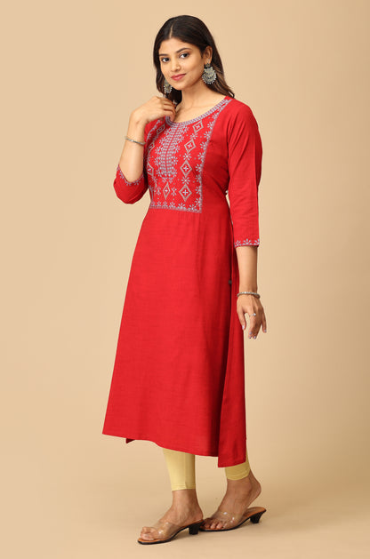 Maroon Rayon Slub Embroidery Kurti