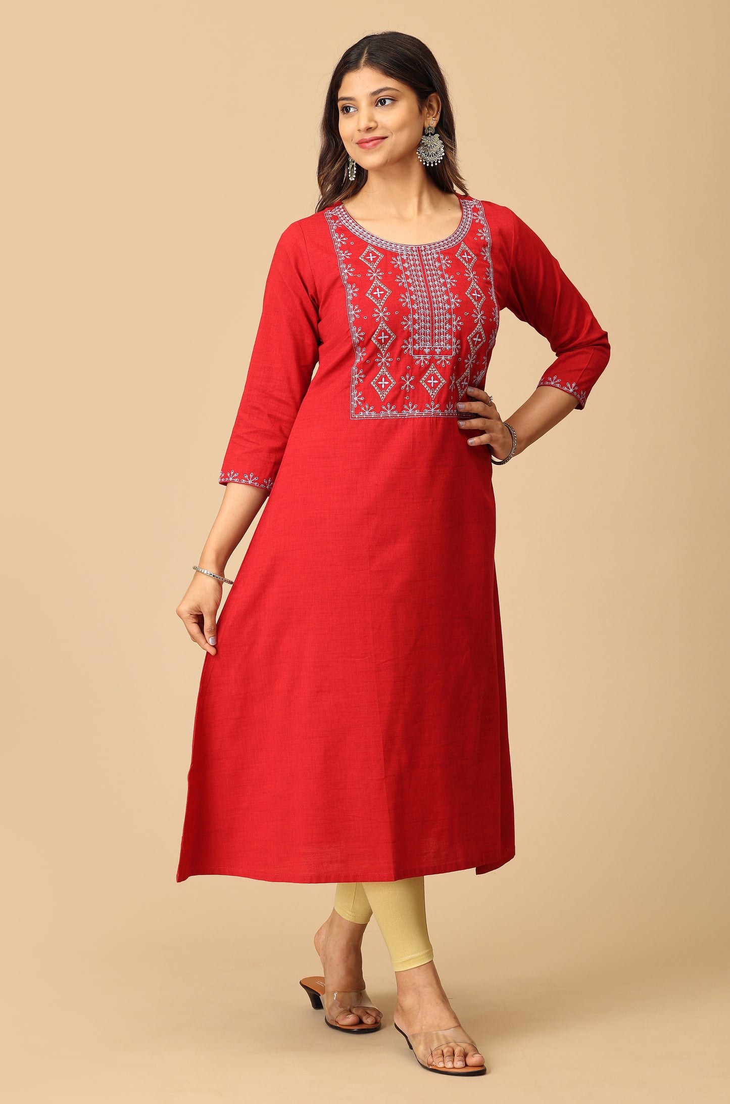 Maroon Rayon Slub Embroidery Kurti