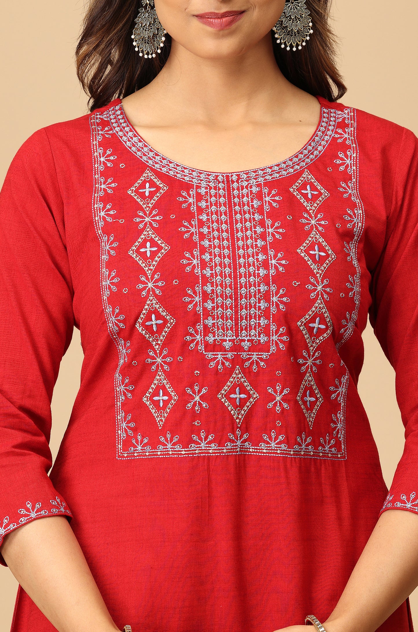 Maroon Rayon Slub Embroidery Kurti