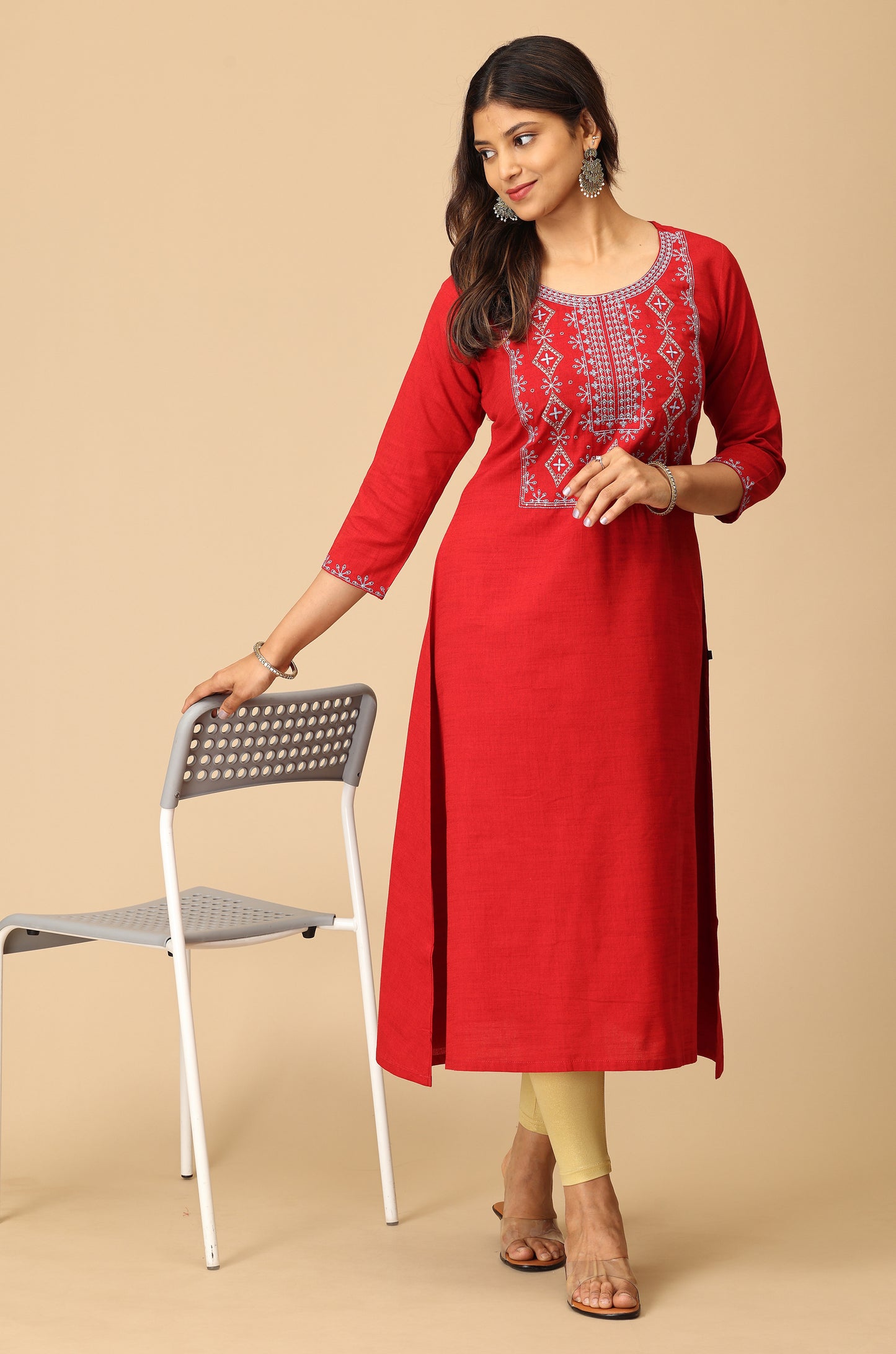 Maroon Rayon Slub Embroidery Kurti