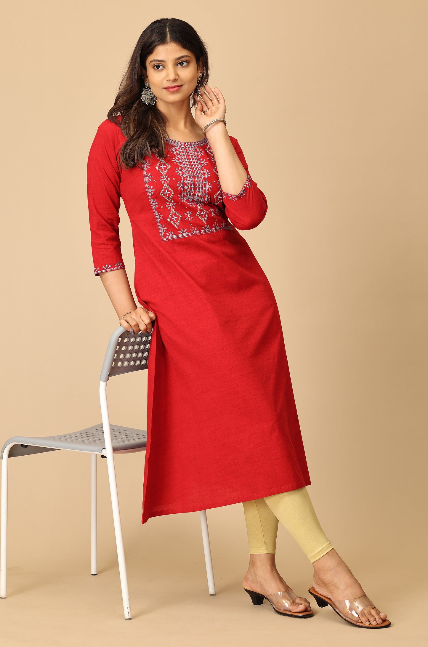 Maroon Rayon Slub Embroidery Kurti