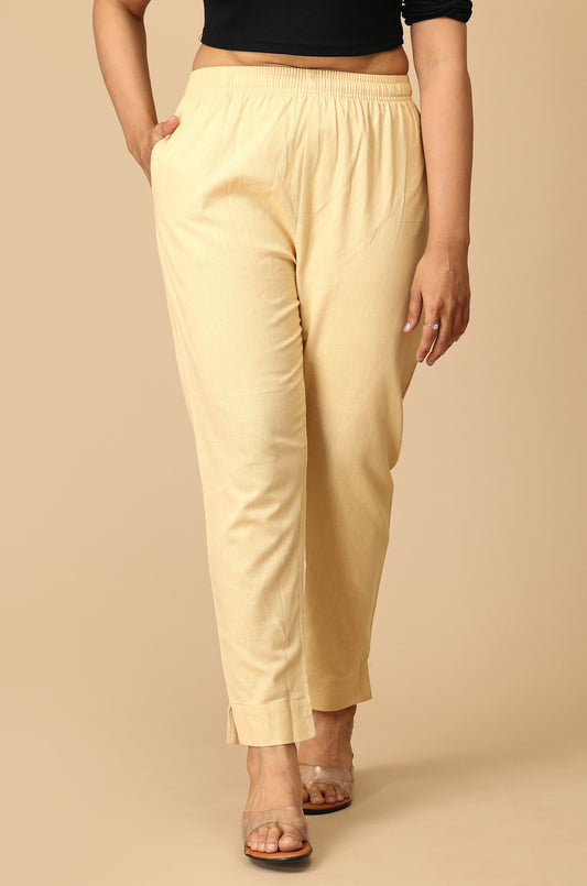 Beige Cotton Trouser Fit with Drawstring Cigarette Pant