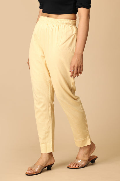 Beige Cotton Trouser Fit with Drawstring Cigarette Pant