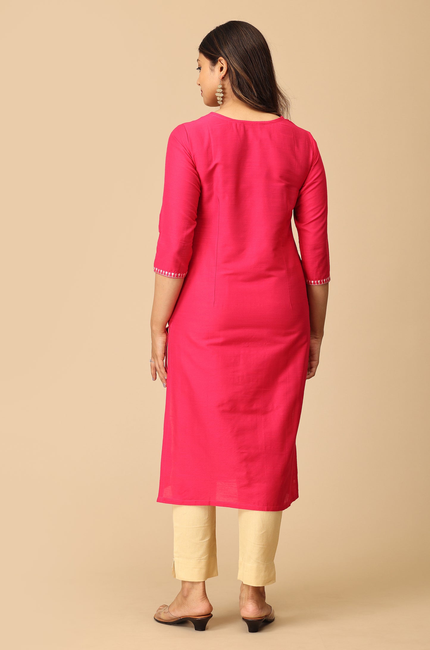 Bright Pink Slub Silk Embroidery Kurti