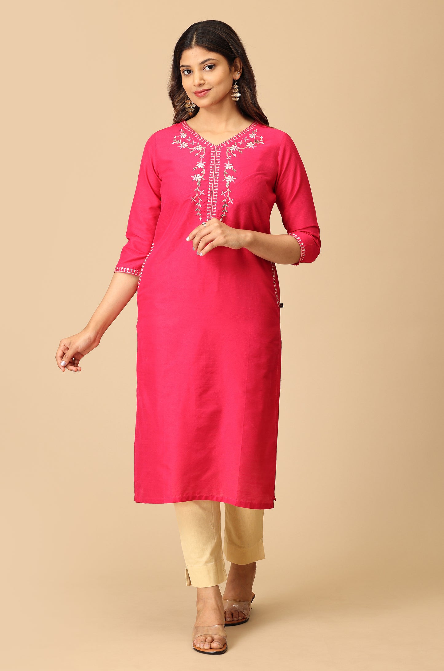 Bright Pink Slub Silk Embroidery Kurti
