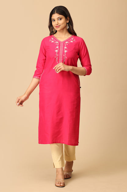 Bright Pink Slub Silk Embroidery Kurti