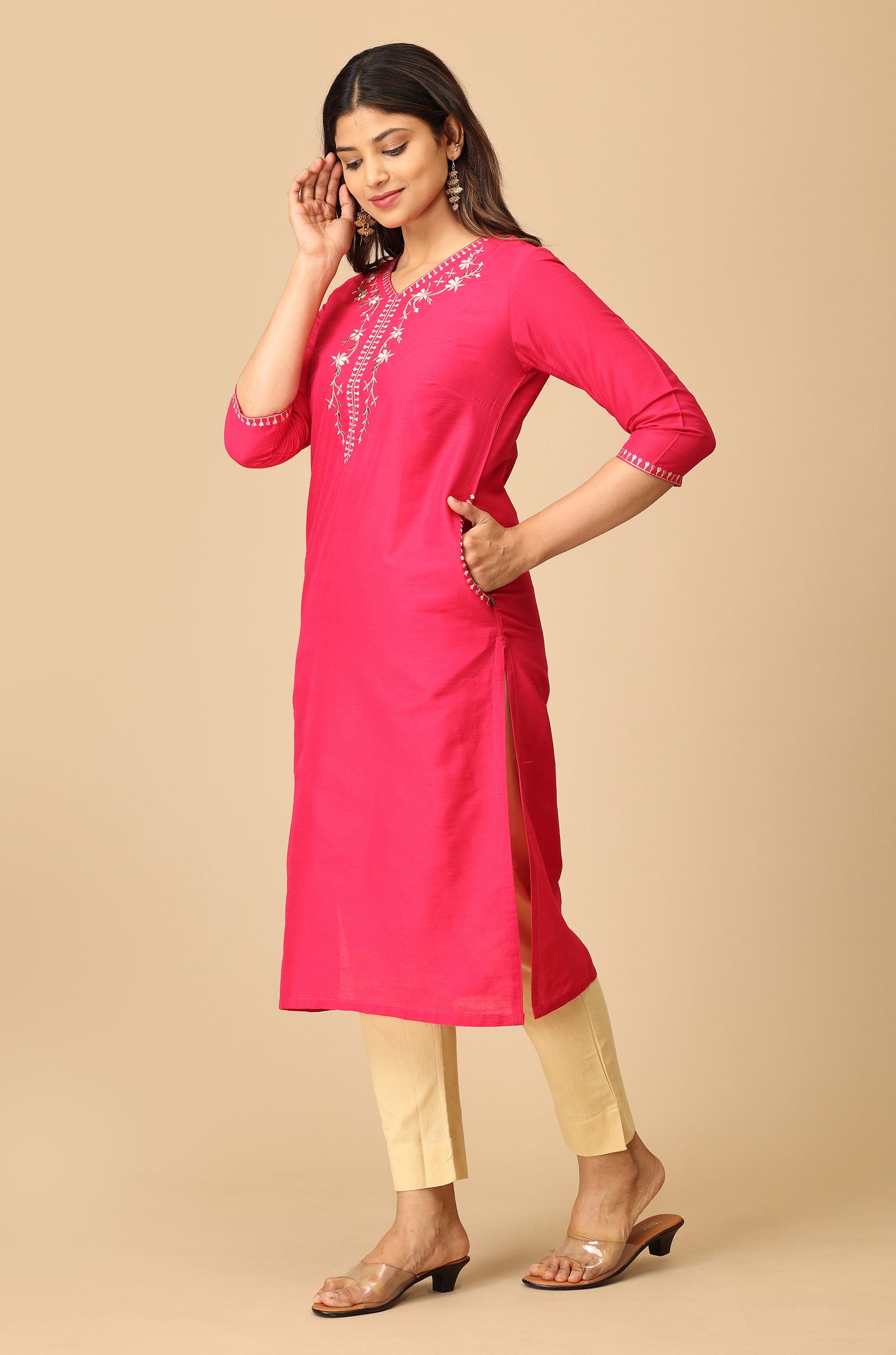 Bright Pink Slub Silk Embroidery Kurti