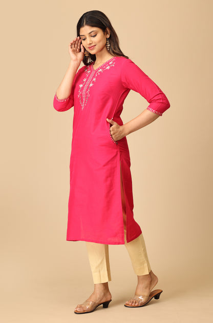 Bright Pink Slub Silk Embroidery Kurti