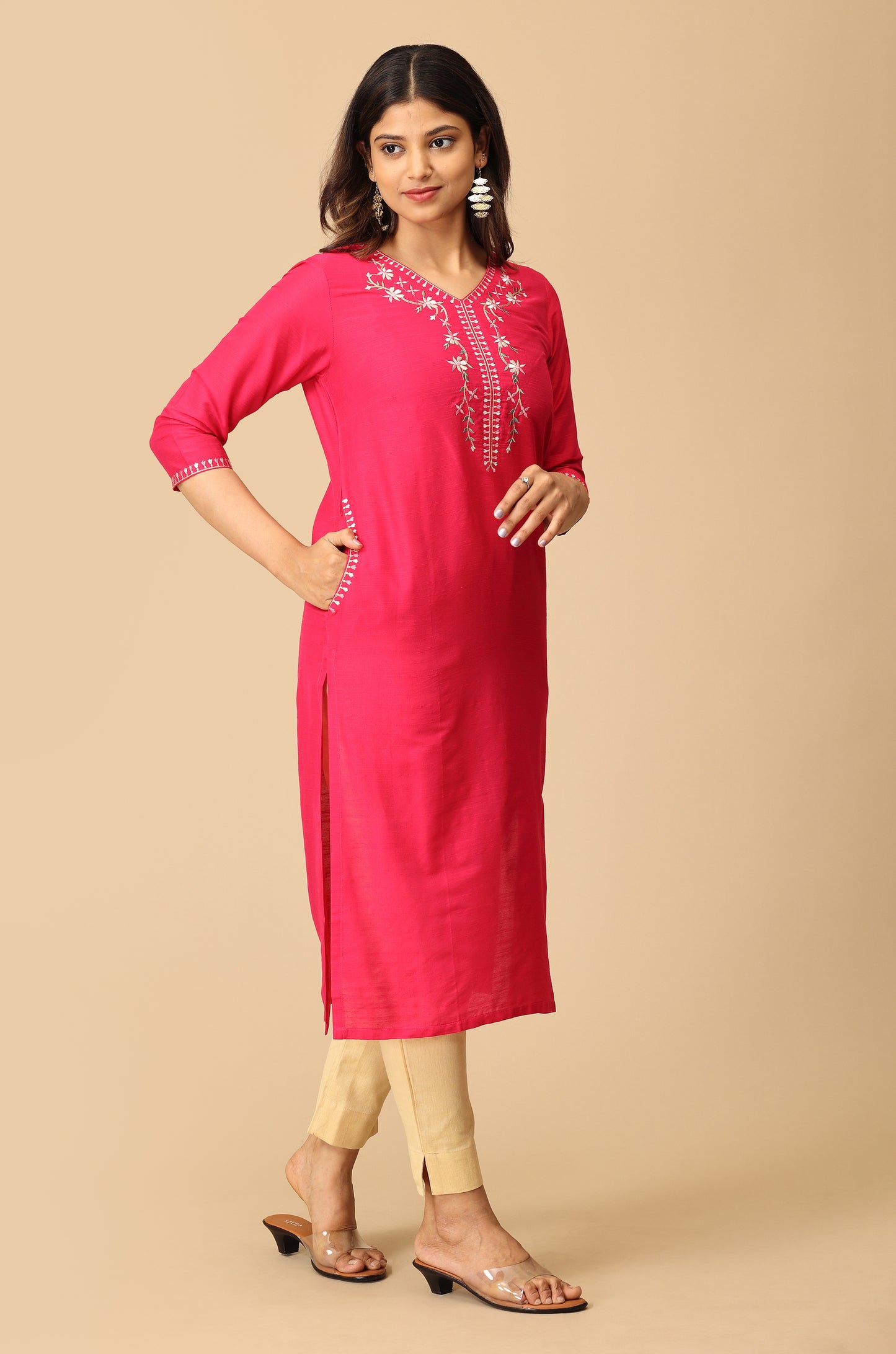 Bright Pink Slub Silk Embroidery Kurti