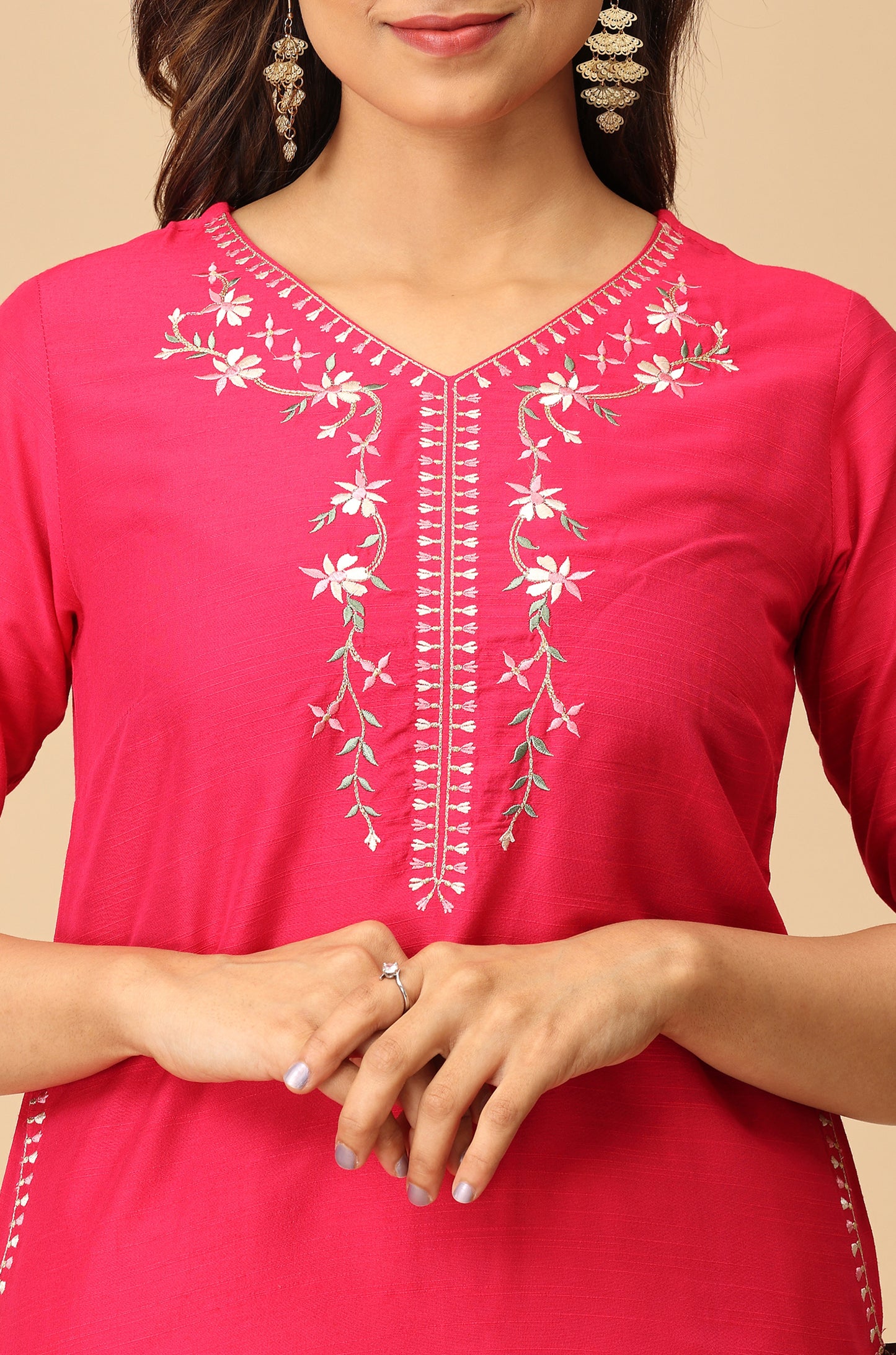 Bright Pink Slub Silk Embroidery Kurti