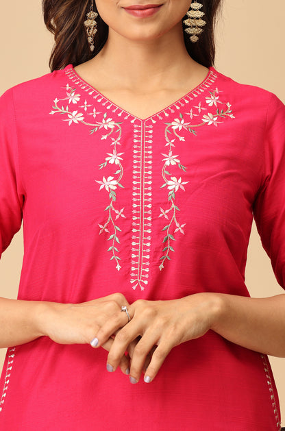 Bright Pink Slub Silk Embroidery Kurti