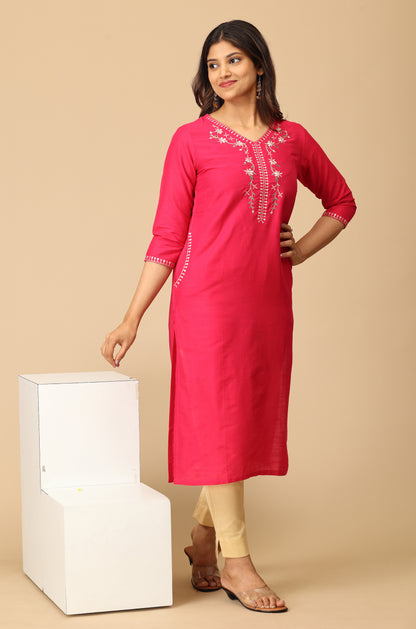 Bright Pink Slub Silk Embroidery Kurti