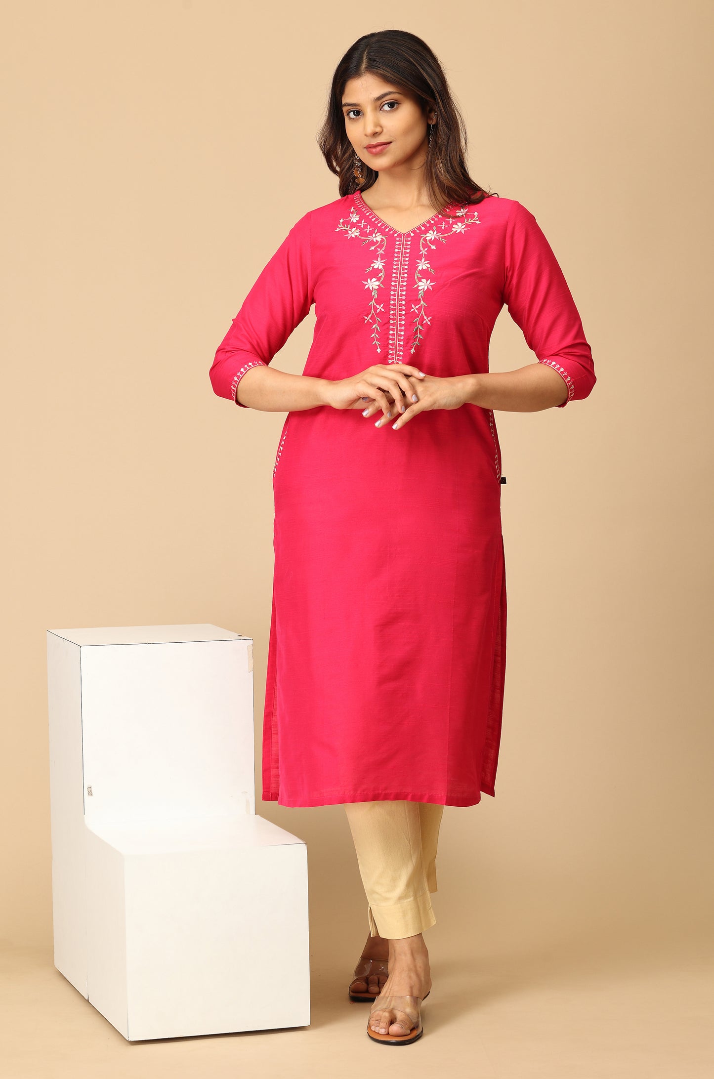 Bright Pink Slub Silk Embroidery Kurti
