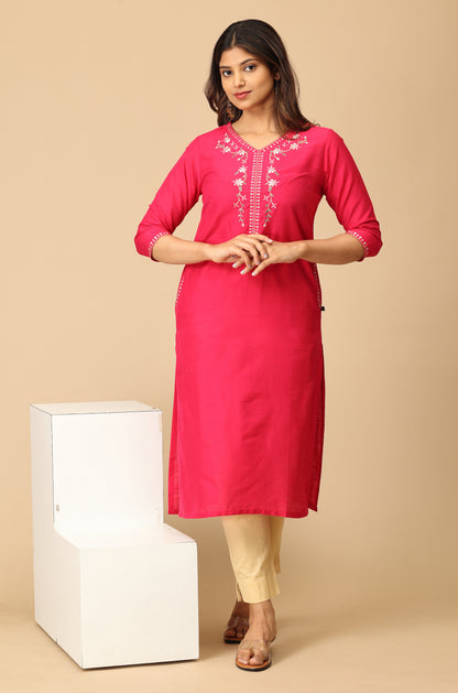 Bright Pink Slub Silk Embroidery Kurti