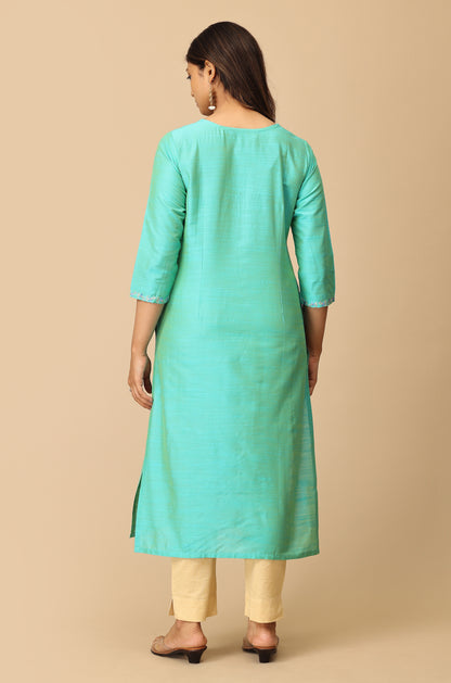 Sea Green Slub Silk Embroidery Kurti
