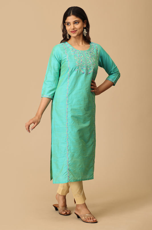 Sea Green Slub Silk Embroidery Kurti