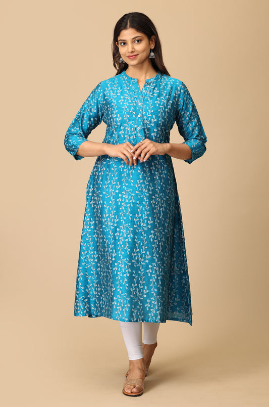 Steel Blue Slub Silk Printed Kurti