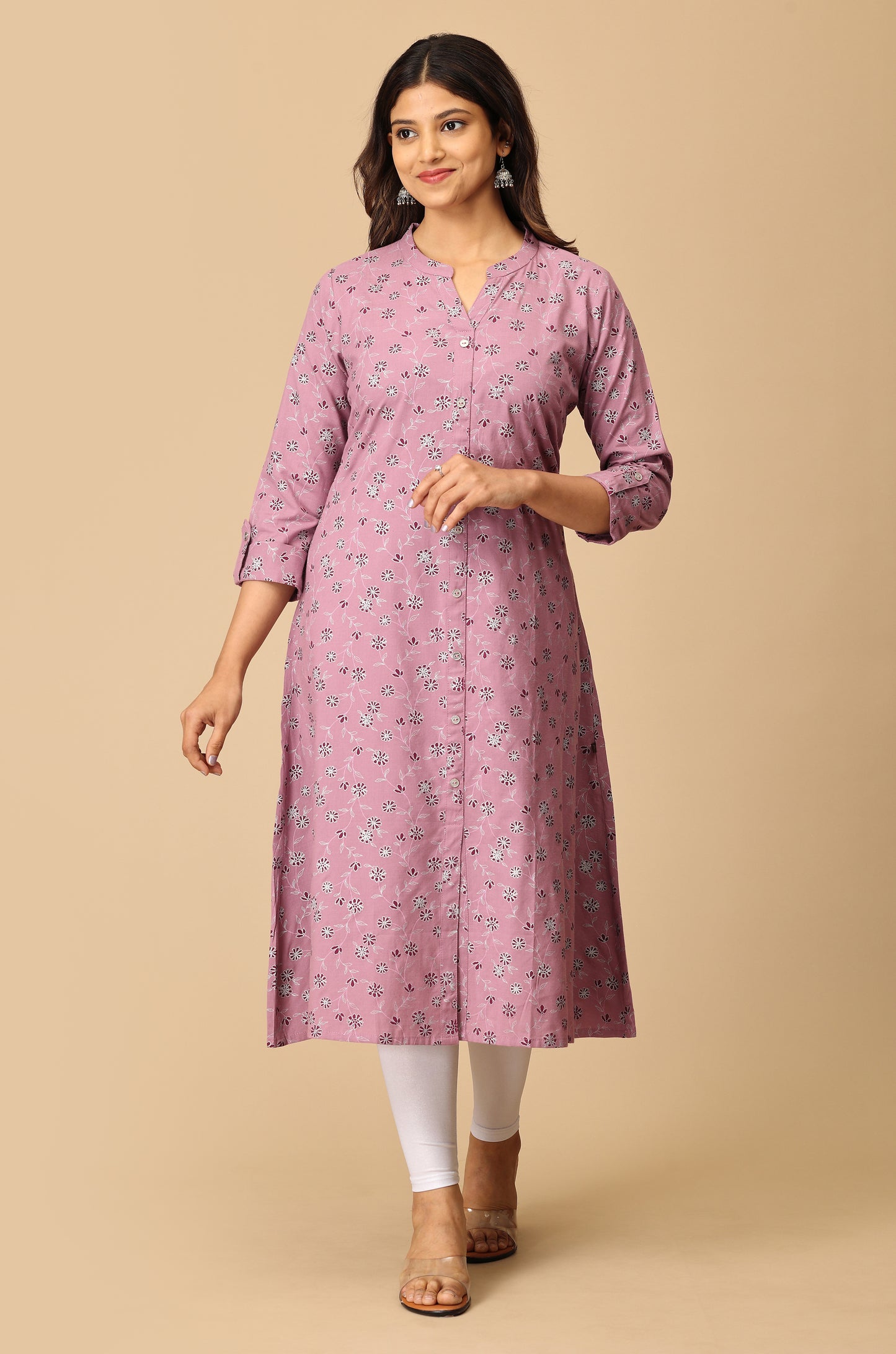 Mauve Rayon Slub Printed A-Line Kurti