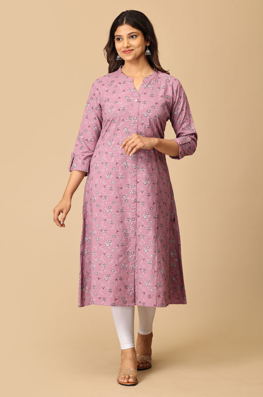 Mauve Rayon Slub Printed A-Line Kurti