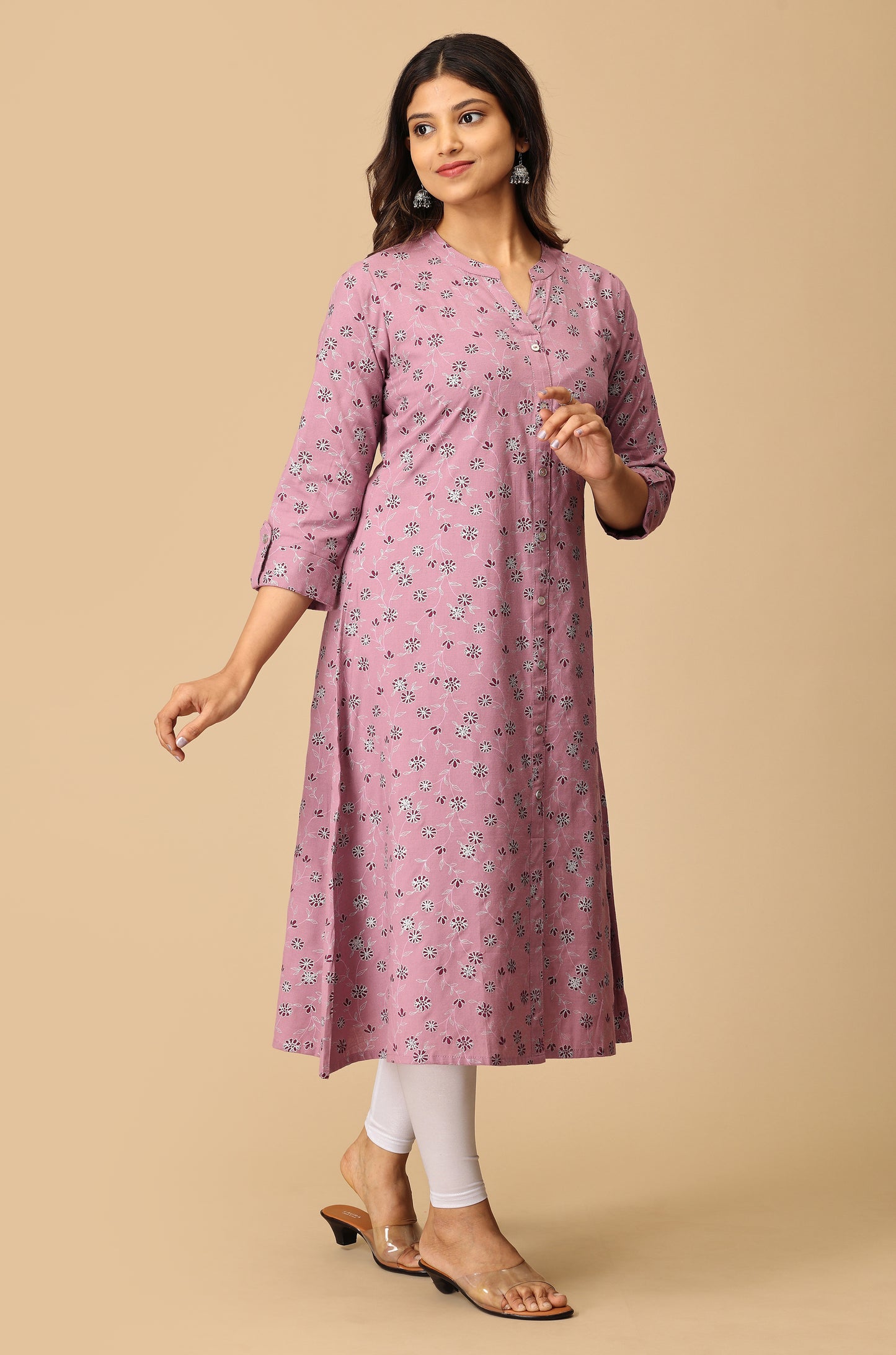 Mauve Rayon Slub Printed A-Line Kurti
